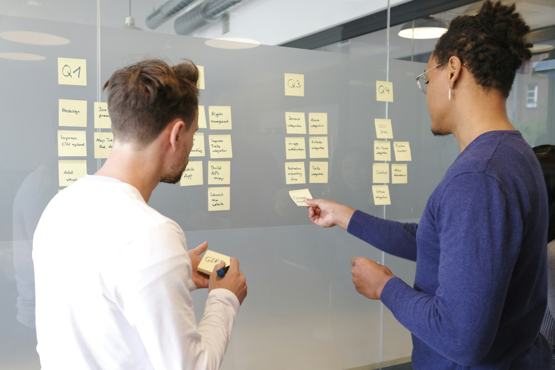 Two colleagues working through a roadmap on a wall of notes